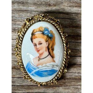 Antique Limoges France Hand Painted Porcelain Cameo Brooch Pin Pendant